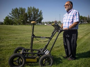 REGINA, SASK : June 7, 2023-- Dr. Abdul Raouf, Sustainability-Led Integrated Centres of Excellence (SLICE) research chair, will receive the Applied Research Award for Excellence. Raouf, who was involved in the ground penetrating radar at Cowessess First Nation, stands for a portrait with his machine used in the search on Wednesday, June 7, 2023 in Regina. KAYLE NEIS / Regina Leader-Post