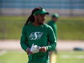 Former Riders receiver Naaman Roosevelt on the field as an offensive assistant for the Saskatchewan Roughriders during training camp.