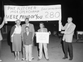 Pat Fletcher stands with his family at the Saskatoon airport after winning the Canadian Open in 1954.