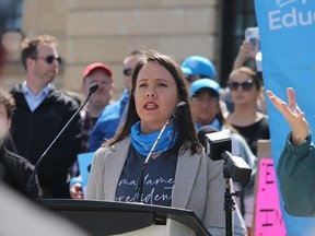 Samantha Becotte, president of the Saskatchewan Teachers Federation, speaks at the Rally for Education at the Legislature in Regina on Saturday April 29, 2023. Photo: Larissa Kurz/Regina Leader-Post