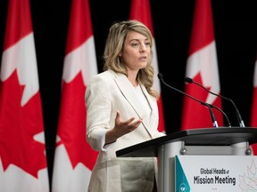 Minister of Foreign Affairs Mélanie Joly delivers remarks at the Global Heads of Mission Meeting discussing the Future of Diplomacy Initiative in Ottawa, on Wednesday, June 7, 2023.