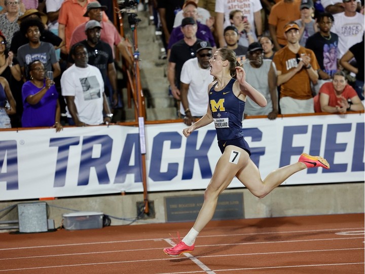  Borden’s Savannah Sutherland crosses the finish line and wins the NCAA women’s 400-m hurdles championship in Austin, Texas.