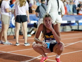 Borden's Savannah Sutherland reacts after winning the NCAA women's 400-m hurdles championship.