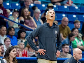 SASKATOON, SASK: Wednesday, May 31, 2023 - 0601 sports rattlers basketball - Saskatchewan Rattlers head coach Dean Demopoulos during the Canadian Elite Basketball League season opener game against the Vancouver Bandits at SaskTel Centre.