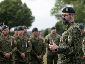 Lieutenant-Colonel Kurt Grimsrud, Task Force Commander, Operation UNIFIER addresses? Canadian Armed Forces members upon completion of Rotation 15 of Operation UNIFIER on July 03, 2023 in the United Kingdom. Supplied Photo/Master Sailor Valerie LeClair, OP UNIFIER