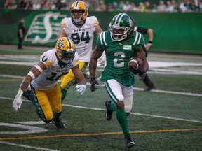 Saskatchewan Roughriders receiver Mario Alford (2) runs the ball during the first half of CFL action at Mosaic Stadium on Thursday, July 6, 2023 in Regina.