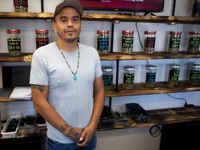 Brendan Anderson, Manager of Miyo Askiy Cannabis stands for a portrait inside the temporary store front on Wednesday, July 26, 2023 in Regina.