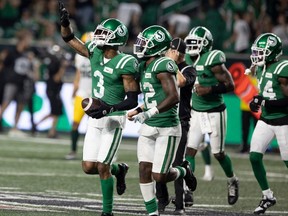 Saskatchewan Roughriders defensive back Nic Marshall (3) celebrates after a interception during the second half of CFL action at Mosaic Stadium on Thursday, July 6, 2023 in Regina.