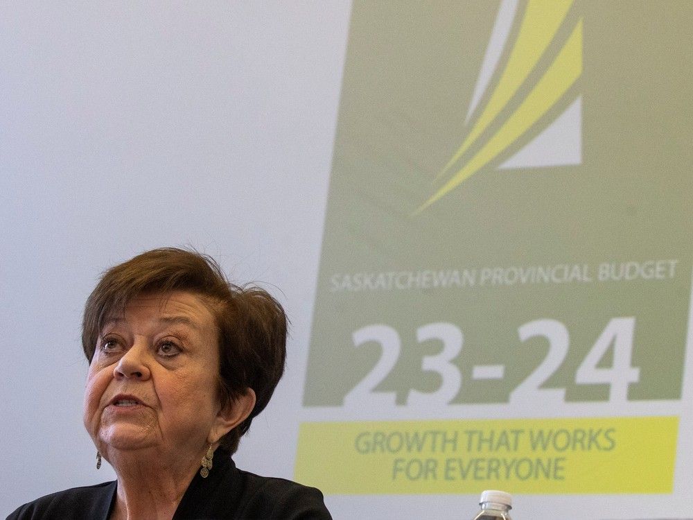 Finance Minister Donna Harpauer speaks at a press conference to announce the provincial budget at the Saskatchewan Legislative  Building on Wednesday, March 22, 2023 in Regina. KAYLE NEIS / Regina Leader-Post