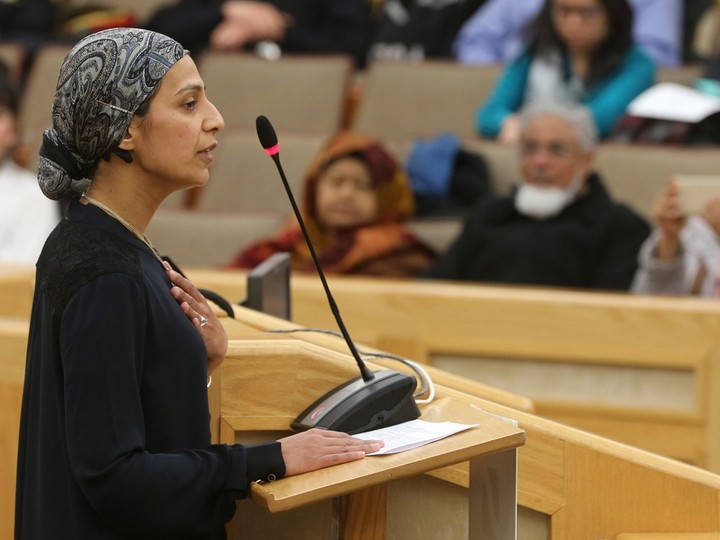  Dr. Fatima Coovadia, a member of the Islamic Association of Saskatchewan, speaks during the opening ceremony for Cultural Diversity and Race Relations Month at City Hall in Saskatoon in 2017.