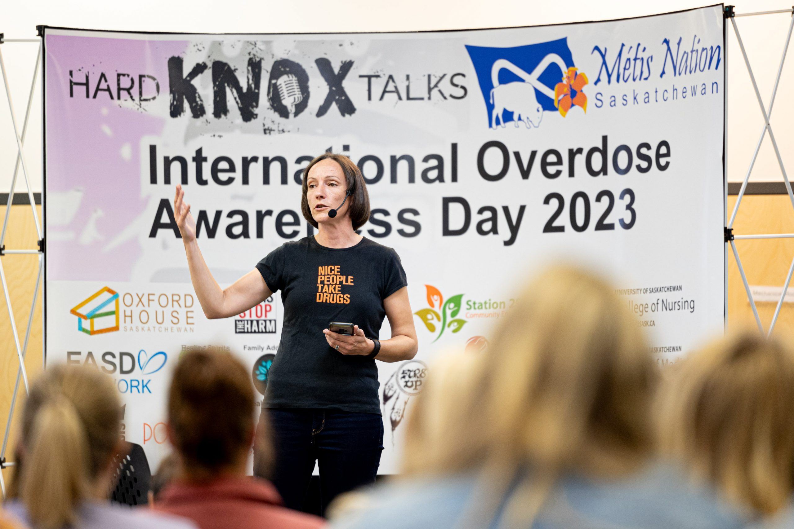 Dr. Barb Fornssler of the School of Public Heath at University of Saskatchewan gives a speech at Station 20 West during International Overdose Awareness Day 2023. Photo taken in Saskatoon, Sask. on Thursday, August 31, 2023. (Michelle Berg / Saskatoon StarPhoenix)