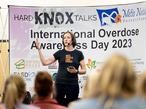 Dr. Barb Fornssier gives a speech at Station 20 West during International Overdose Awareness Day 2023.