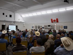 Ranchers gather at the Cabri community centre as the Saskatchewan Cattlemen's Association hold a town hall on Tuesday, August 1, 2023 in Cabri.