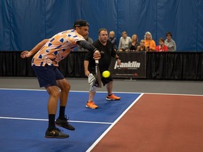 Top rated pickleball player Steve Deakin hits the ball during the 2023 Pickleball Canada National Championships at the Viterra International Trade Centre on Wednesday, August 23, 2023 in Regina.
