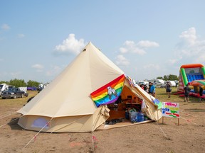 A tipi set up by Two Spirit Alliance of Saskatchewan and the Edmonton Two Spirit Society at Back to Batoche on Friday, July 21, 2023