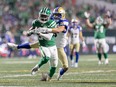 Saskatchewan Roughriders running back Jamal Morrow (25) during OT of the Labour Day Classic CFL football game at Mosaic Stadium in Regina, Saskatchewan on Sept. 5, 2023.