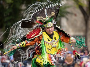 A traditional dancer competes at the University of Saskatchewan Powwow in Saskatoon, September 12, 2023.