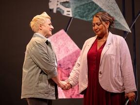 (From left) Margo MacDonald and Kris Alvarez run through a scene from Bright Half Life by Tanya Barfield during a media call at Persephone Theatre.