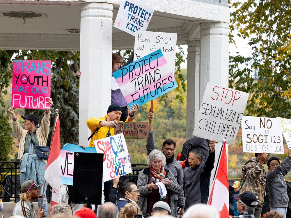 sex education Protesters and counter-protesters over college pronoun policy win on the Vimy Memorial in Kiwanis Park alongside Saskatoon&rsquo;s riverbank Wednesday. Photo taken in Saskatoon, Sask. on Sept. 20, 2023. 