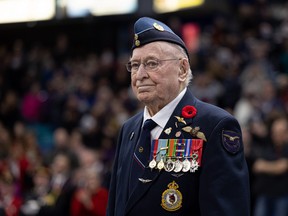 WWII veteran Reg Harrison attends Remembrance Day in Saskatoon, Sask. on Friday, November 11, 2022.