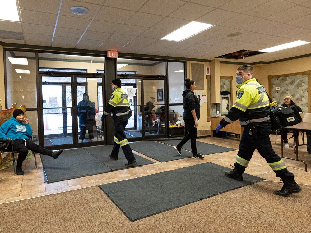 Paramedics leave the STC Wellness Centre in Fairhaven after responding to a call. Photo taken in Saskatoon, Sask. on Wednesday, Dec. 22, 2022.