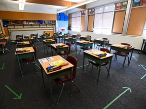 An empty classroom in Toronto during a COVID-19 pandemic lockdown in 2020.