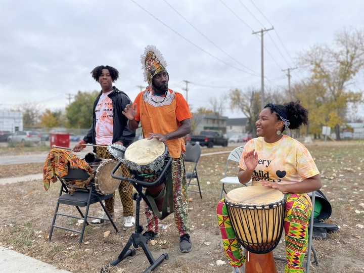 The Ashong family performs Ghanian drum music during the Rock Your Roots Walk for Reconciliation on Saturday in Saskatoon.