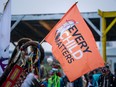 Canadian Catholic leaders say they are almost halfway to their fundraising goals for a reconciliation fund formed after the church failed to meet previous financial obligation.An Every Child Matters Flag flies during a powwow at James Smith Cree Nation, Sask., on Friday, September 1, 2023.