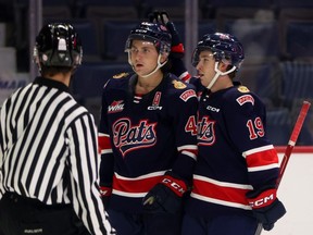 Regina Pats forward Tye Spencer (19) celebrates with Tanner Howe (43) after a goal during the 2023-24 pre-season.