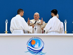 Pope Francis celebrate mass at the Velodrome stadium, in the southern port city of Marseille on Sept. 23, 2023.