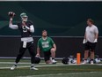 Saskatchewan Roughriders quarterback Jake Dolegala (9) runs a drill during practice at Mosaic Stadium on Tuesday, September 19, 2023 in Regina.