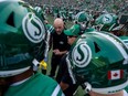 Saskatchewan Roughriders head coach Craig Dickenson speaks to his players before the Labour Day Classic against the Winnipeg Blue Bombers on Sunday, September 3, 2023 at Mosaic Stadium.