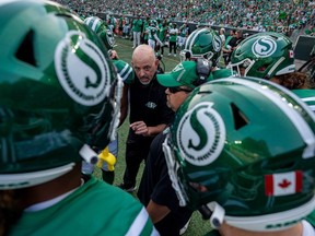 Saskatchewan Roughriders head coach Craig Dickenson speaks to his players before the Labour Day Classic against the Winnipeg Blue Bombers on Sunday, September 3, 2023 at Mosaic Stadium.