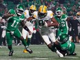 Edmonton Elks receiver Eugene Lewis (87) runs the football against Saskatchewan Roughriders during the first half of CFL football action in Regina, on Friday, September 15, 2023.