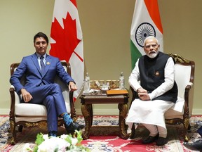 Prime Minister Justin Trudeau takes part in a bilateral meeting with Indian Prime Minister Narendra Modi during the G20 Summit in New Delhi, India, on Sunday, Sept. 10, 2023. Modi has expressed 'strong concerns' to Canada for its handling of the Punjabi independence movement, on the same day where the Sikh community in Metro Vancouver held a vote on the matter.