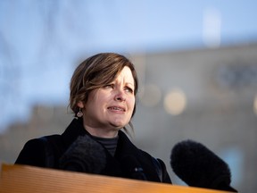 Official Opposition Health Critic Vicki Mowat responds to critical capacity issues in front of Royal University Hospital. Photo taken in Saskatoon, Sask. on Monday, October 16, 2023.