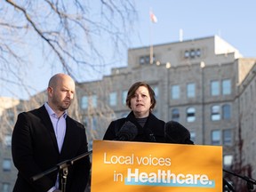 Rural and Remote Health Critic Matt Love and Official Opposition Health Critic Vicki Mowat respond to critical capacity issues in front of Royal University Hospital. Photo taken in Saskatoon, Sask. on Monday, October 16, 2023.