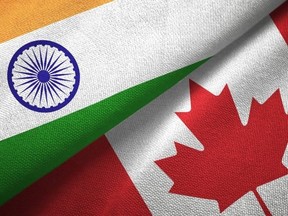 Canada and India flag together realtions textile cloth fabric texture.