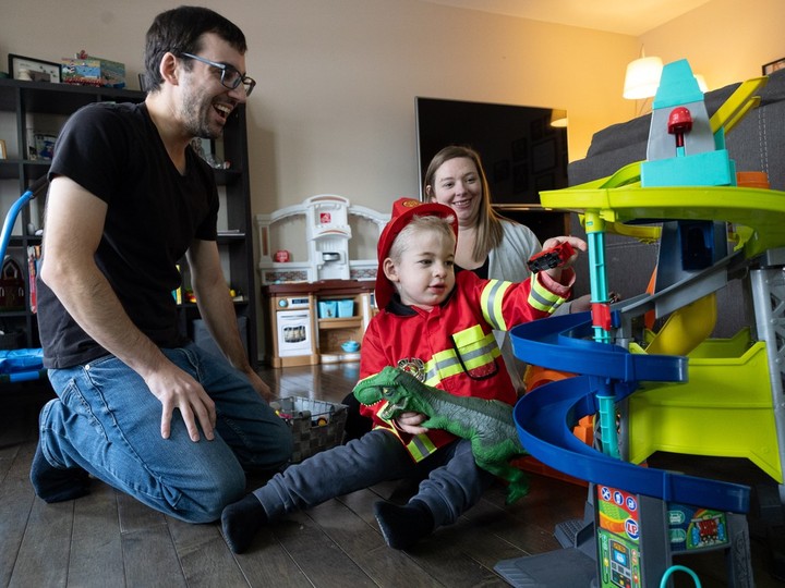  Four-year-old Emmett Doucette plays with his parents André Doucette and Steph McCabe at his home in Saskatoon. Family friends have started a GoFundMe campaign to help the family following Emmett’s recent diagnosis of Sanfilippo Syndrome, an extremely rare, terminal condition