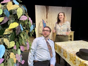 Kaylub Sinclair (left) and Danova Dickson (right) rehearse a scene from The Anger in Ernest & Ernestine at The Refinery in Saskatoon, Saskatchewan on October 11, 2023.