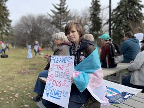 15-year-old Elliott CJ attends a rally for trans rights in Saskatoon, Saskatchewan on October 21, 2023.
