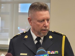 Chief Troy Cooper on Thursday, Oct. 19, 2023 announced that is retiring from active duty with the Saskatoon Police Service.Cooper's last official day on the job is expected to be Jan. 16, 2024. He was appointed Saskatoon police chief in January 2018. (Thia James / Saskatoon StarPhoenix)