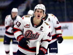 Regina Pats captain Tanner Howe celebrates after scoring a goal during the 2023-24 WHL season.