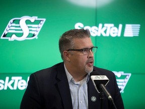 Saskatchewan Roughriders general manager Jeremy O'Day speaks at a press conference inside Mosaic Stadium after the team announced it will not be renewing head coach Craig Dickenson's contract on Monday, October 23, 2023 in Regina.