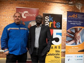 SK Arts board member Michael Afenfia (left) and SaskCulture's supervisor for partnership and inclusion Damon Badger Heit are shown during Wednesday's reception at The Docks to launch a new arts funding program for underserved communities in Saskatchewan.