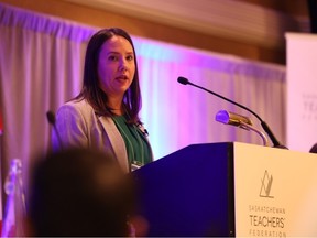 Saskatchewan Teachers' Federation (STF) president Samantha Becotte announced the results of teachers vote on job action on Friday, Oct. 27, 2023 in Saskatoon.