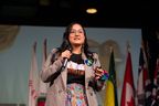 Aubrey-Anne Laliberte-Pewapisconias speaks during the Braiding Knowledge for Clean Energy conference at Prairieland Park. Photo taken in Saskatoon, Sask. on Wednesday, November 15 2023. (Michelle Berg / Saskatoon StarPhoenix)