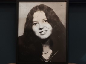 A photograph of 16-year-old Pauline Brazeau is seen during the announcement of an arrest in her 47-year-old murder cold case during a press conference in Cochrane on Wednesday, November 8, 2023. RCMP and Calgary Police Service investigators worked together, leading to the arrest of a 73-year-old Sundre man for the 1976 murder of Brazeau.
