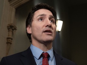 Prime Minister Justin Trudeau speaks to reporters before caucus, Wednesday, November 22, 2023 in Ottawa.