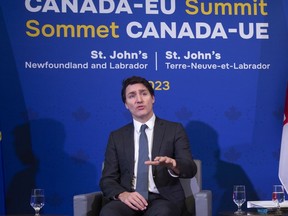 Prime Minister Justin Trudeau attends the second day of the Canada-EU summit in St. John's on Friday, Nov.24 2023.